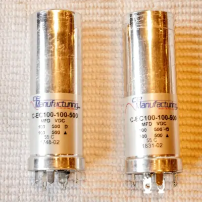 PAIR TWO Capacitor CE MFG CAN ELECTROLYTIC MALLORY 500V 100-100 MFD USA