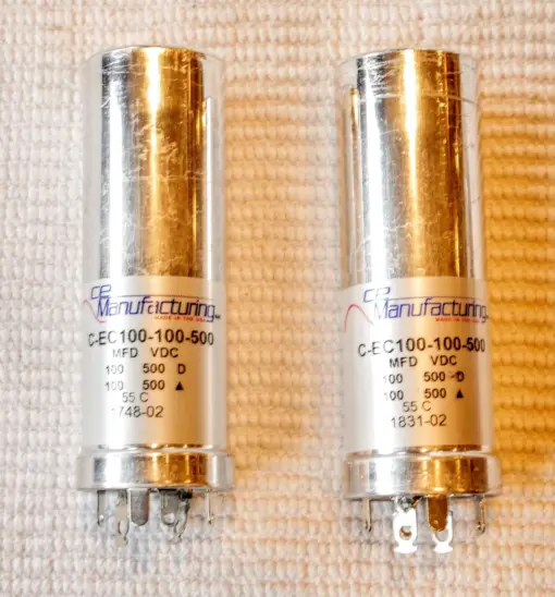 PAIR TWO Capacitor CE MFG CAN ELECTROLYTIC MALLORY 500V 100-100 MFD USA