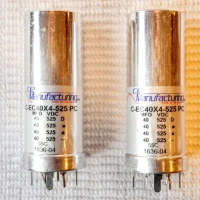 PAIR TWO Capacitor CE MFG CAN ELECTROLYTIC MALLORY 525V, 40-40-40-40 MFD USA