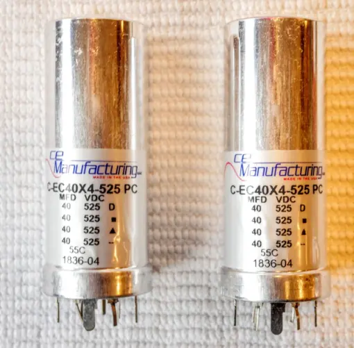 PAIR TWO Capacitor CE MFG CAN ELECTROLYTIC MALLORY 525V, 40-40-40-40 MFD USA