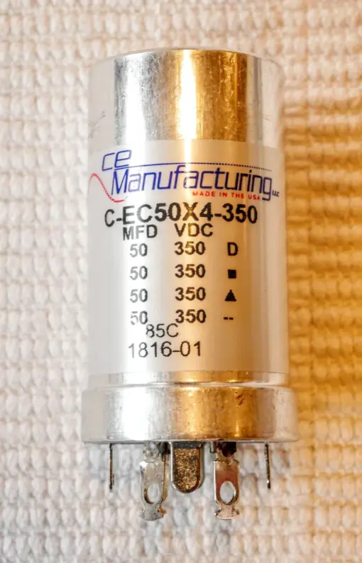 Capacitor CE MFG CAN ELECTROLYTIC MALLORY 350V, 50-50-50-50 MFD USA MFD